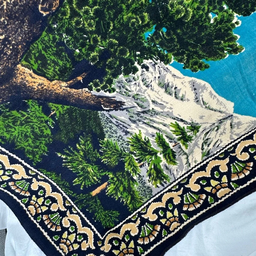 Vintage Velvet Wall Hanging Deer Family Mountain Landscape Blue Green Excellent